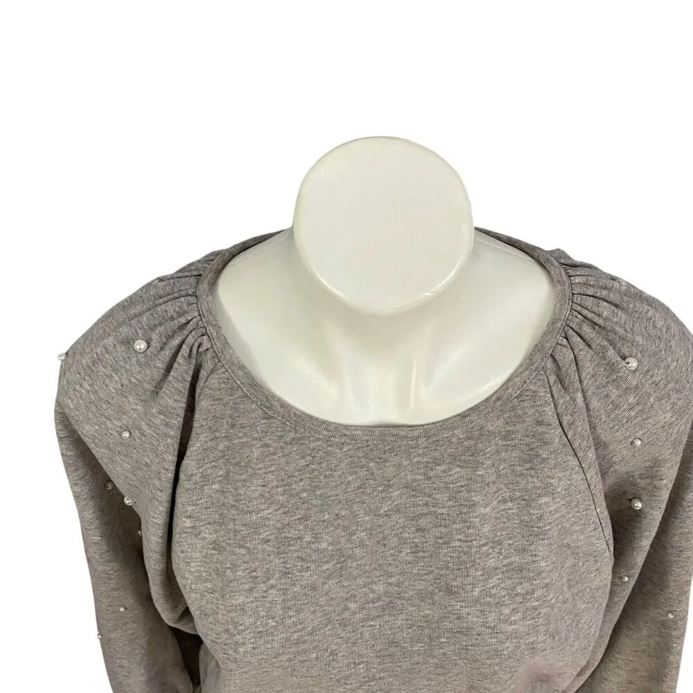 LOFT Sweatshirt Womens Medium Gray Pearl Embellished Balloon Sleeve Coquette